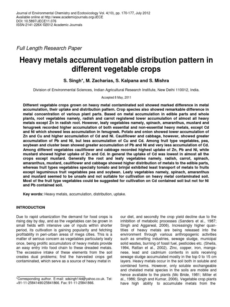 Heavy Metals Accumulation And Distribution Pattern In Different Vegetable Crops | PDF ...