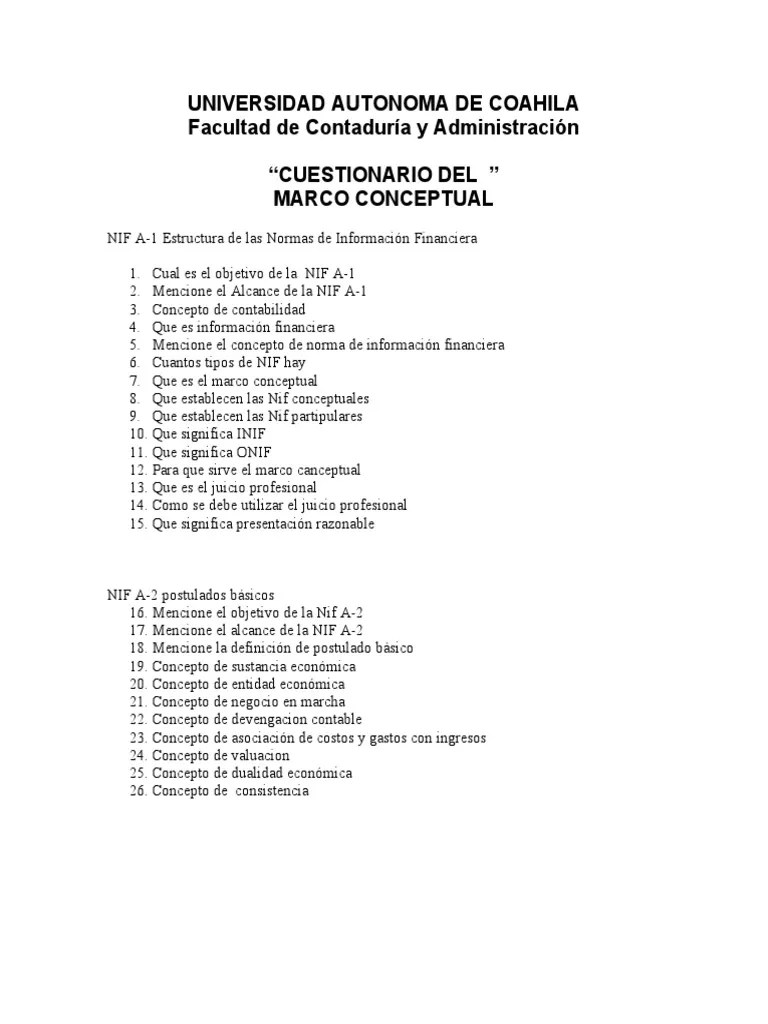 Cuestionario Marco Conceptual | PDF | Estado Financiero | Contabilidad