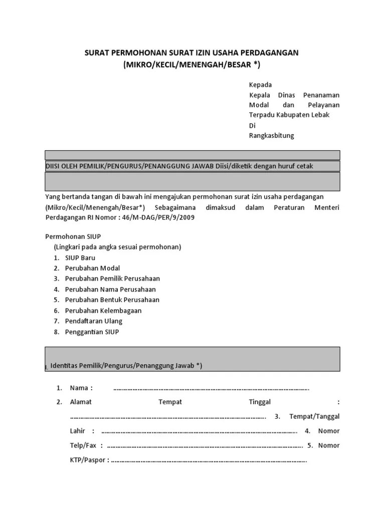 Surat Permohonan Surat Izin Usaha Perdagangan | PDF | Pengelolaan Keuangan & Uang | Hukum