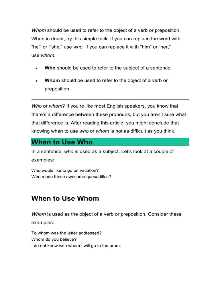 Who Or Whom | PDF | Verb | Subject (Grammar)