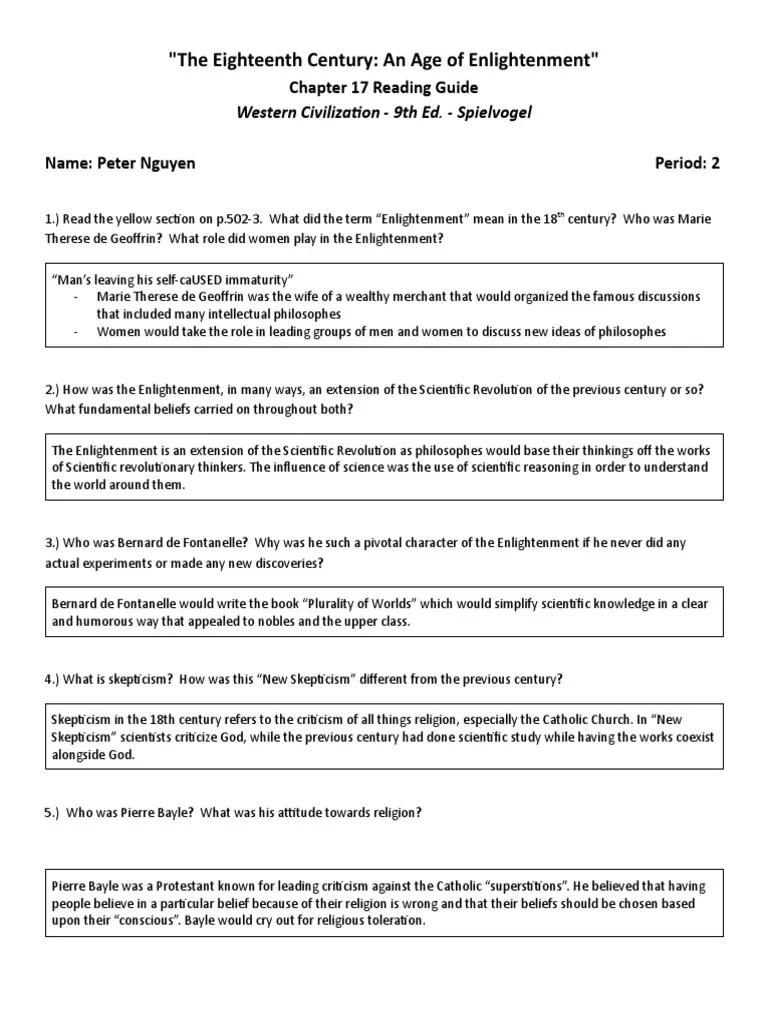 Ch17 Reading Guide Enlightenment | PDF | Age Of Enlightenment | Deism