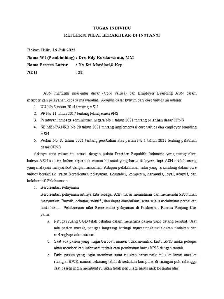 Refleksi Nilai Berakhlak Di Instansi | PDF