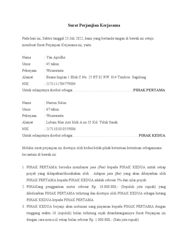 Surat Perjanjian Kerjasama | PDF