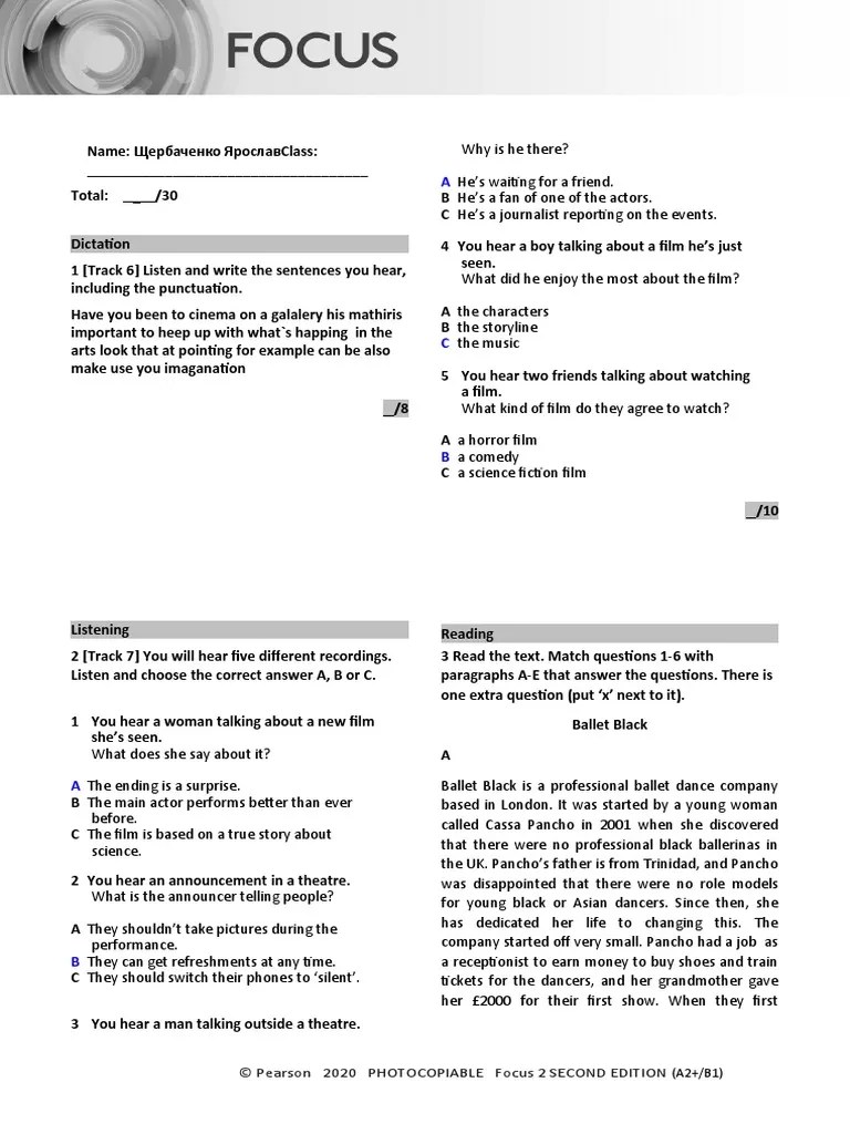 Focus2 2e Unit Test Dictation Listening Reading Unit3 Groupa Pdf