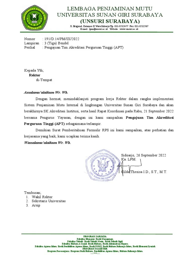 Surat lpm no. 191 pengajuan tim akreditasi perguruan tinggi
