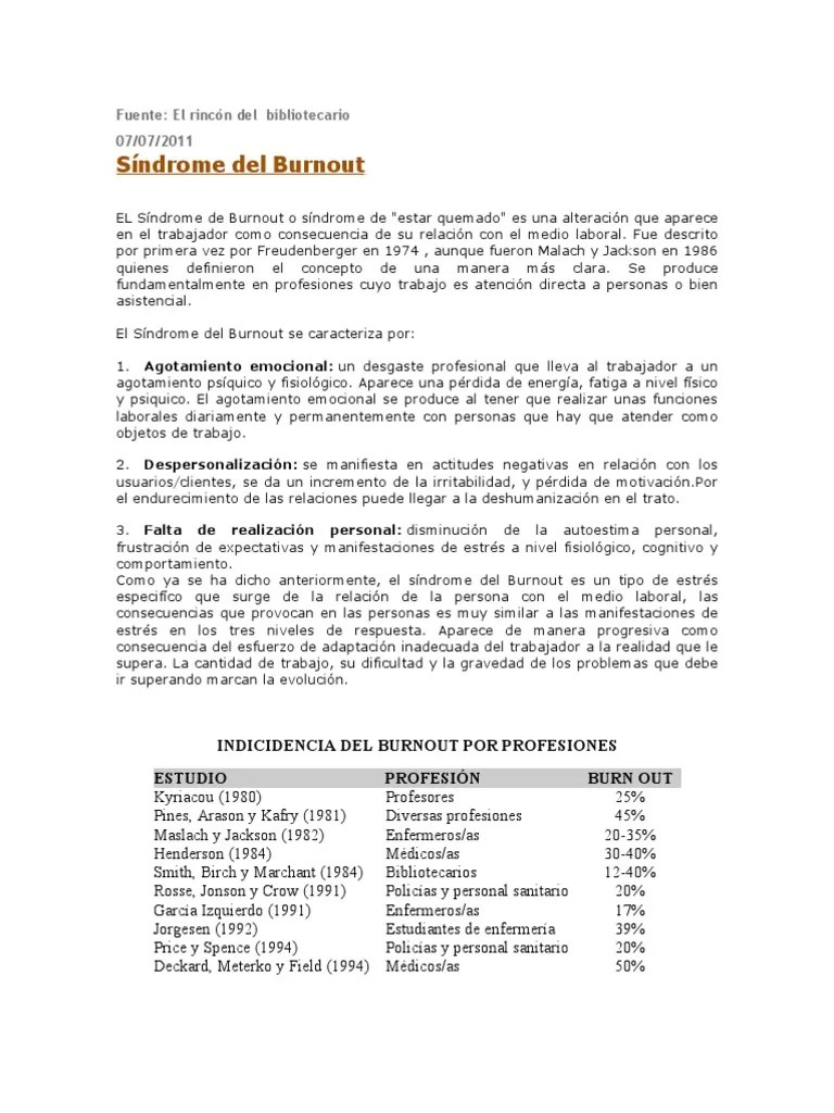 Sindrome Del Burnout | PDF | Burnout Ocupacional | Estrés (biología)