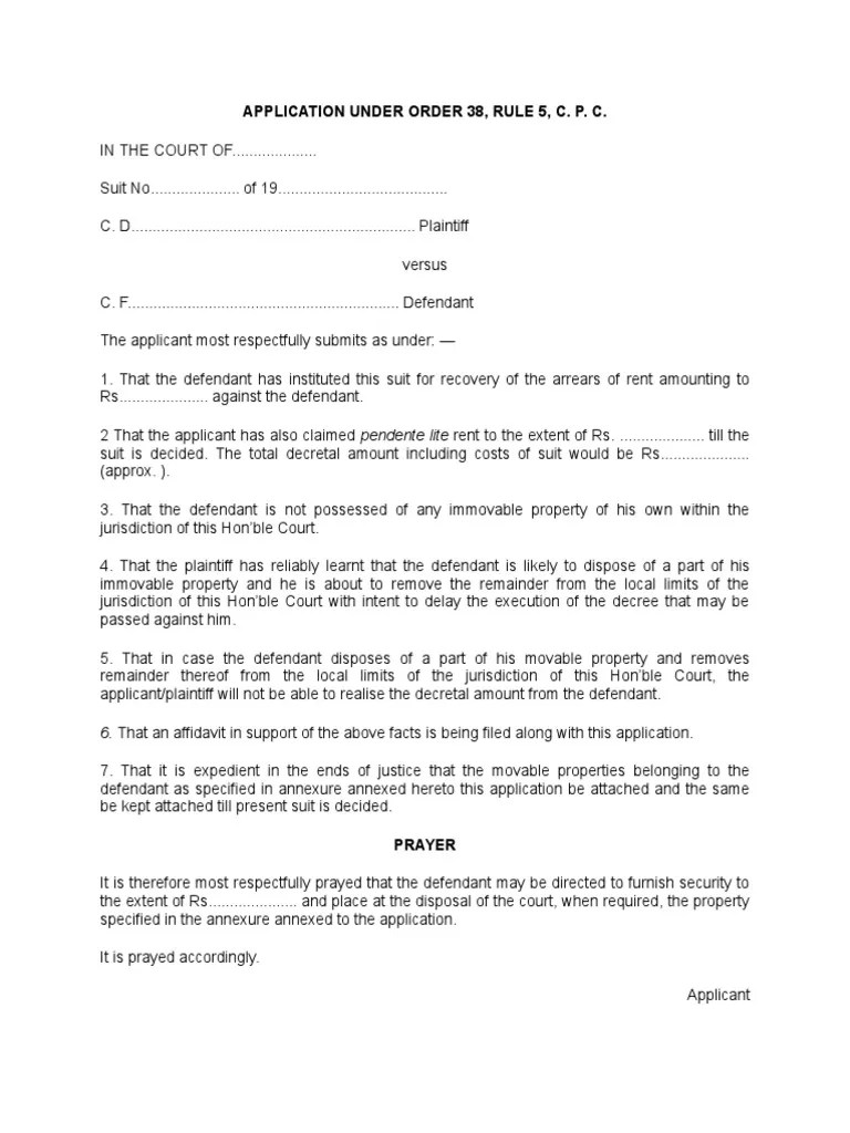 Application Under Order 38, Rule 5, C. P. C | PDF