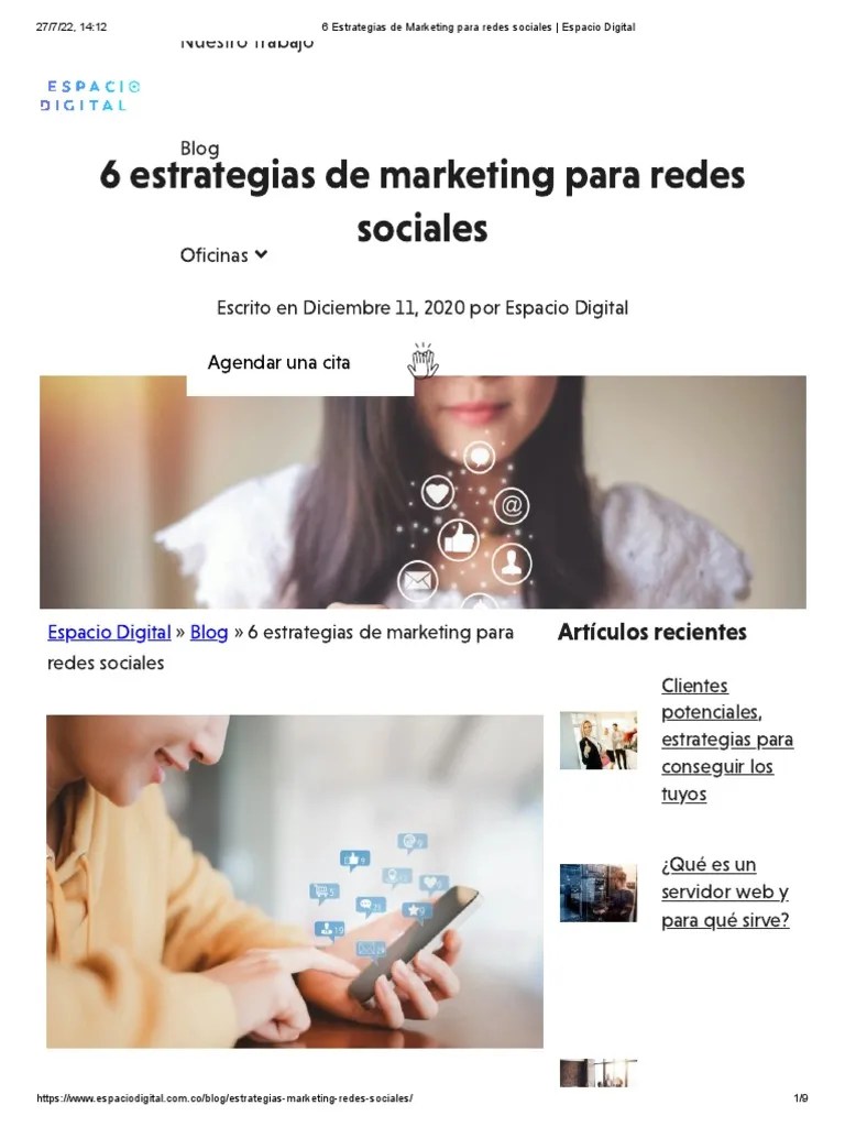 6 Estrategias De Marketing Para Redes Sociales - Espacio Digital | PDF | Marketing | Blog