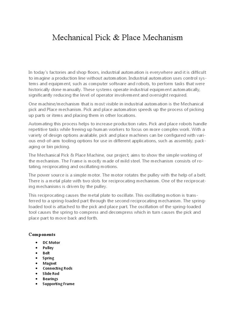 Mechanical Pick & Place Mechanism | PDF