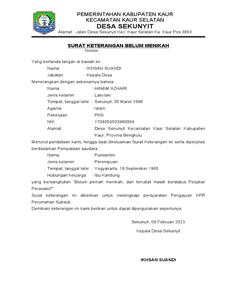 Surat Keterangan Belum Menikah | PDF