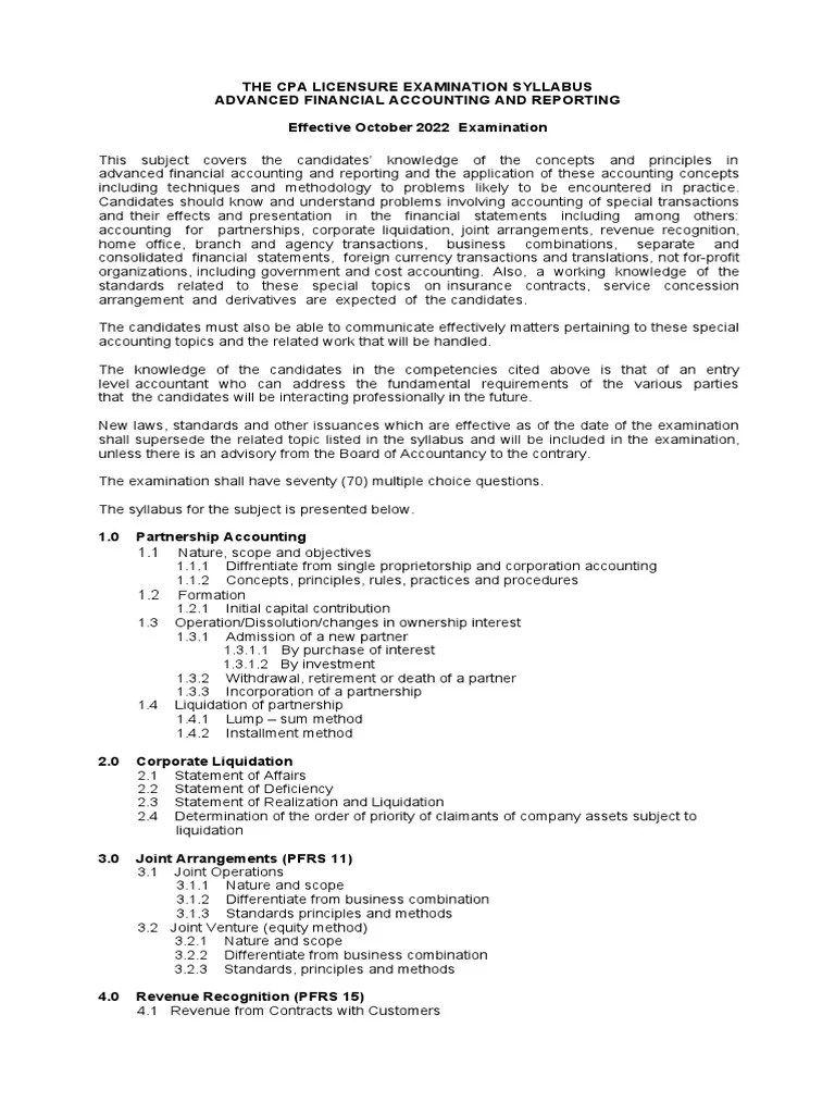 The Cpa Licensure Examination Syllabus Advanced Financial Accounting ...