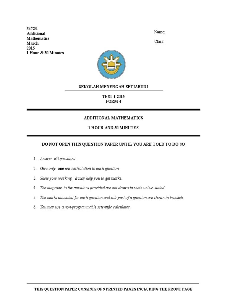 Add Maths Test 1 Form 4 2015 | PDF | Quadratic Equation | Elementary ...