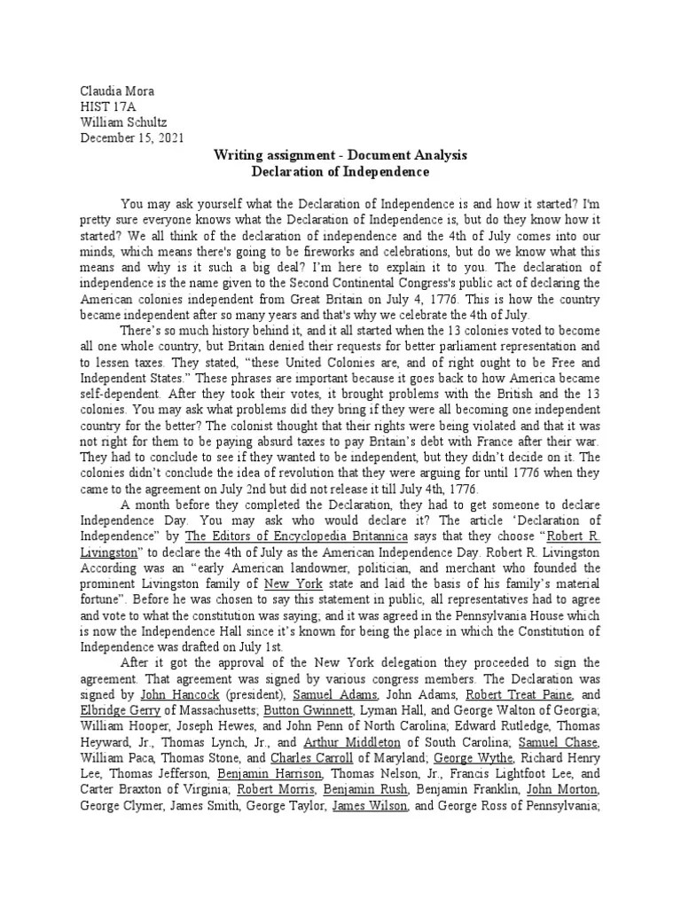 Document Analysis - Declaration Of Independence | Download Free PDF | Independence Day (United ...