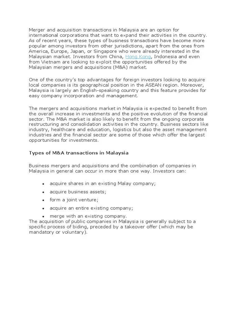 Mergers And Acquisitions In Malaysia | PDF | Mergers And Acquisitions ...