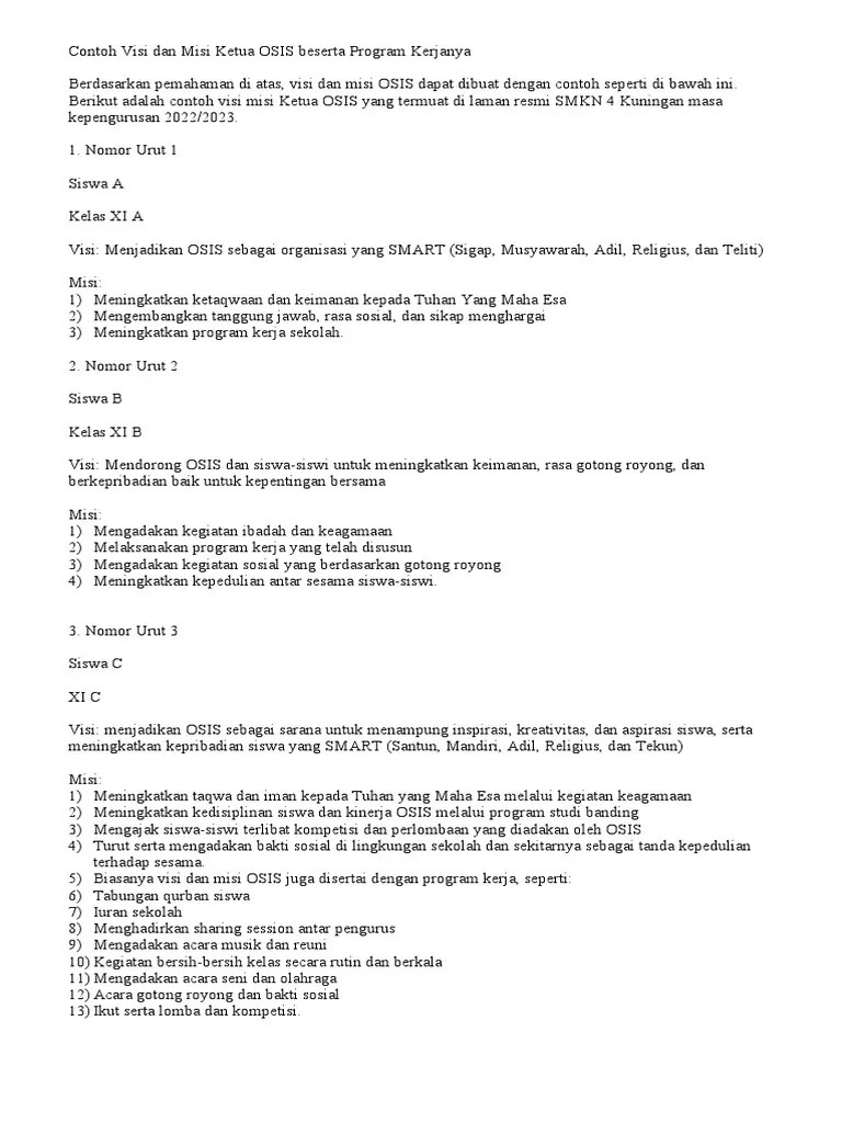 Contoh Visi Dan Misi Ketua OSIS Beserta Program Kerjanya | PDF