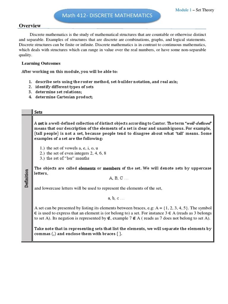 Module 1 Discrete Math - Set | PDF | Set (Mathematics) | Numbers