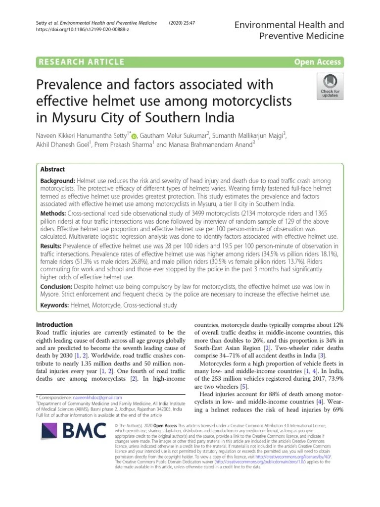Prevalence And Factors Associated With Effective Helmet Use Among Motorcyclists In Mysuru City ...