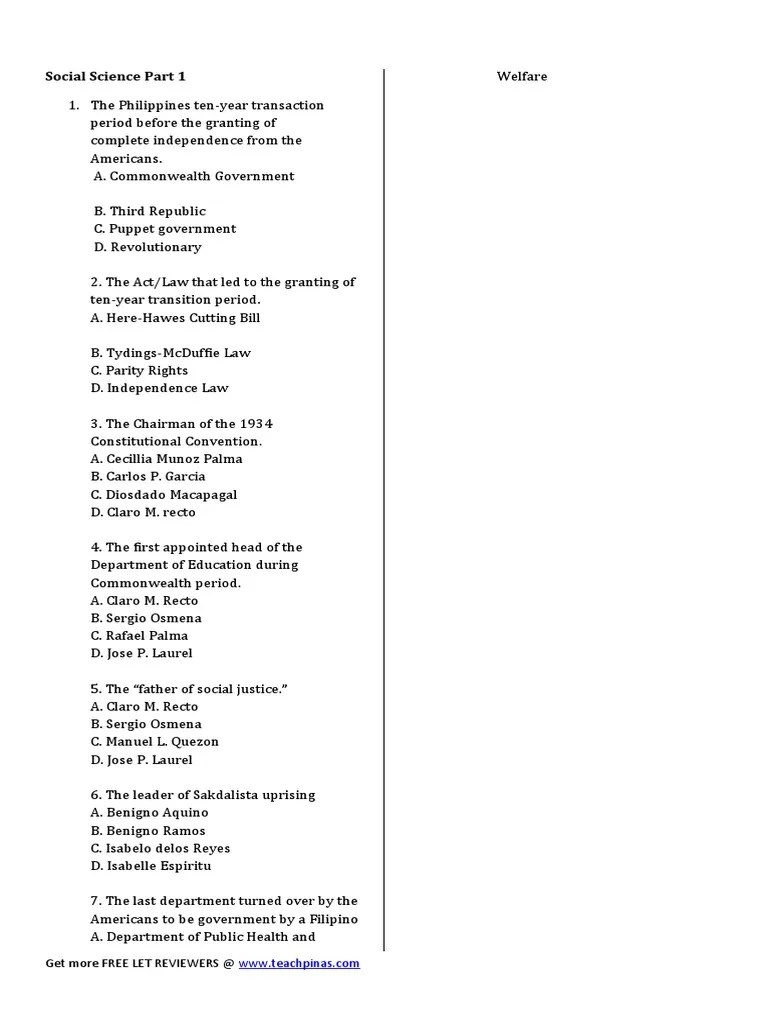 Social Science Part 1 Exam Covers Welfare, Government | PDF ...