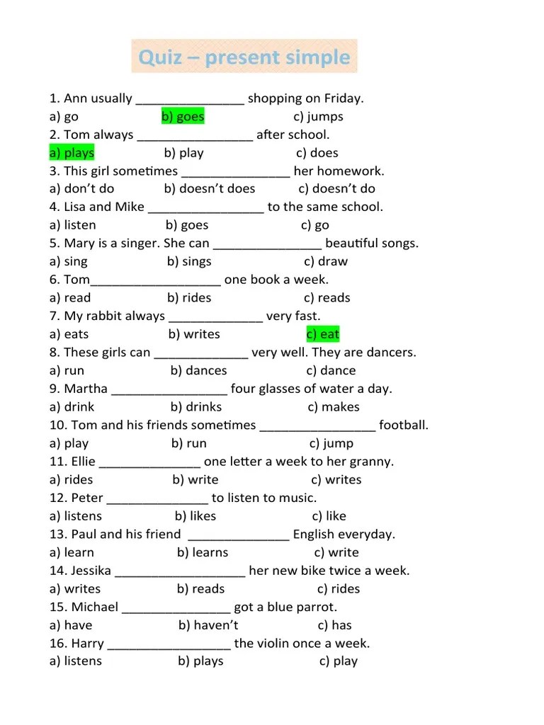Present Simple Quiz Pdf