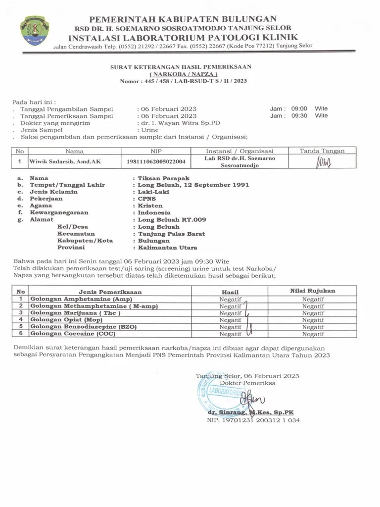 Surat Keterangan Hasil Pemeriksaan Narkoba | PDF