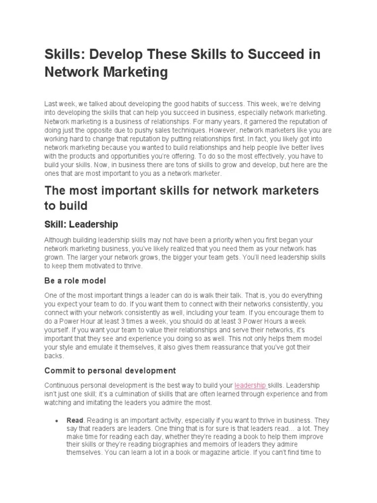 Skills To Develop In Network Marketing | PDF | Leadership | Experience