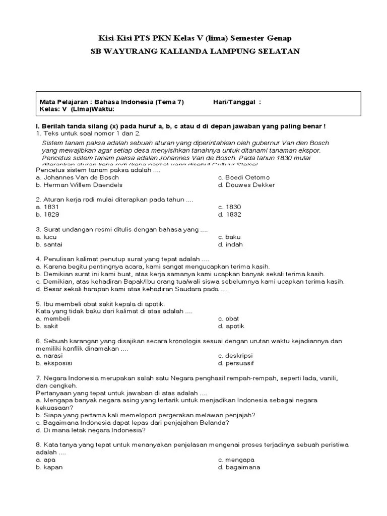 Soal Tematik Kelas 5 Tema 7 Mapel Bahasa Indonesia | PDF