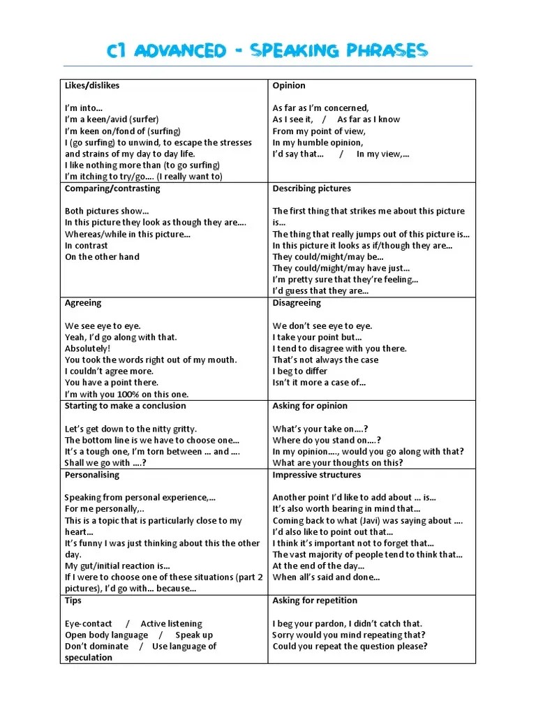 C1 - Advanced-Cae-Speaking-Phrases | PDF