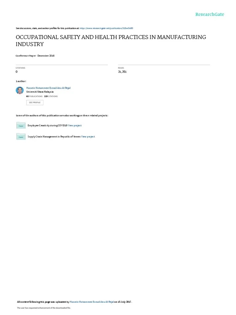 Occupational Safety And Health Practices In Manufacturing Industry | PDF | Occupational Safety ...