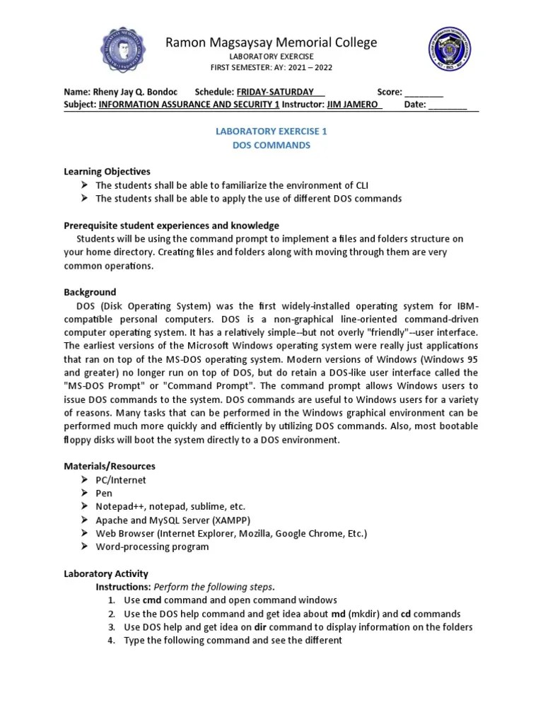 Laboratory Exercise 1 Dos Commands Bondoc | PDF | Command Line ...