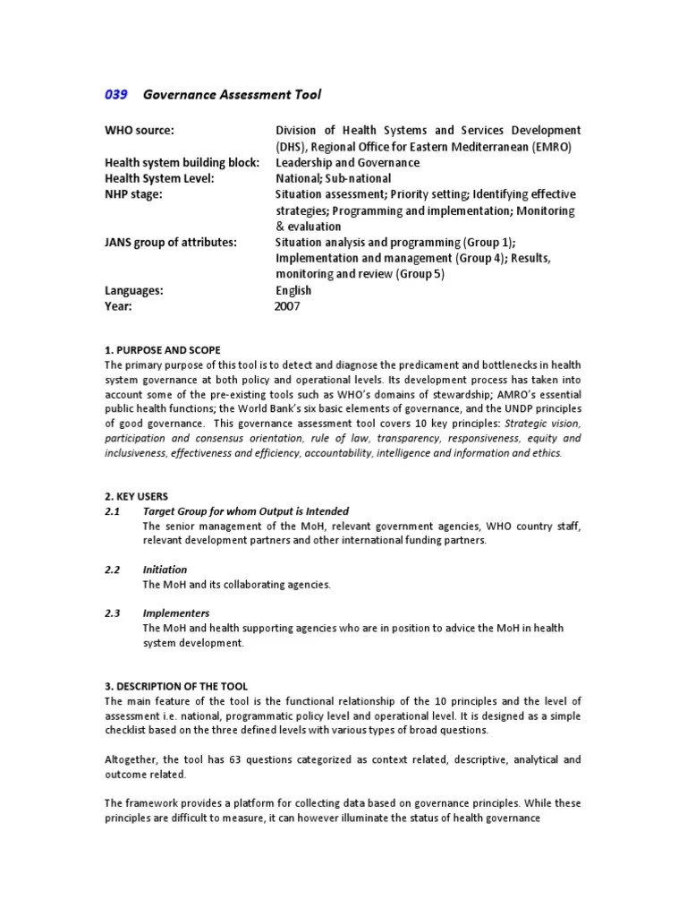 039 Governance Assessment Tool | PDF | Governance | Health System