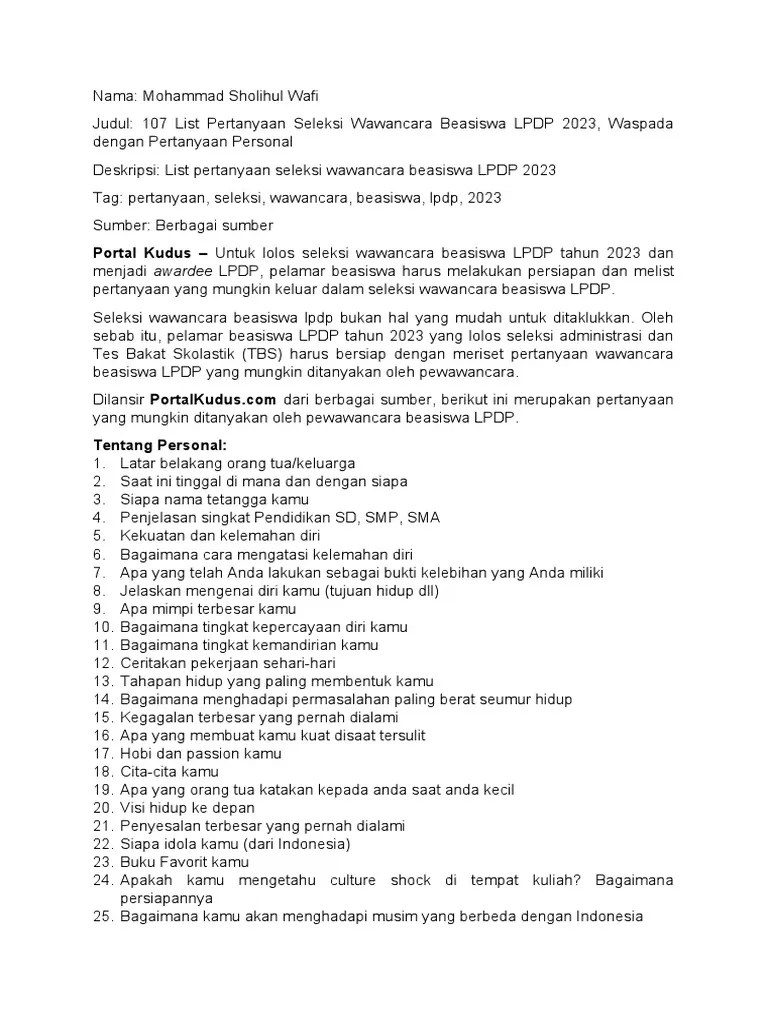 107 List Pertanyaan Seleksi Wawancara Beasiswa LPDP 2023, Waspada ...