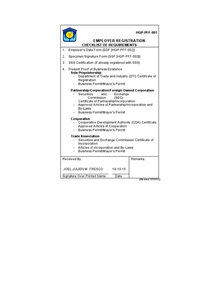 Employer Registration Checklist (ERCOR, HQP-PFF-001, V04) | PDF