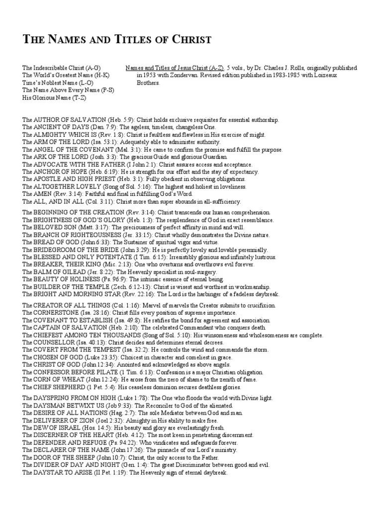 The Names And Titles Of Christ | PDF | Jesus | God