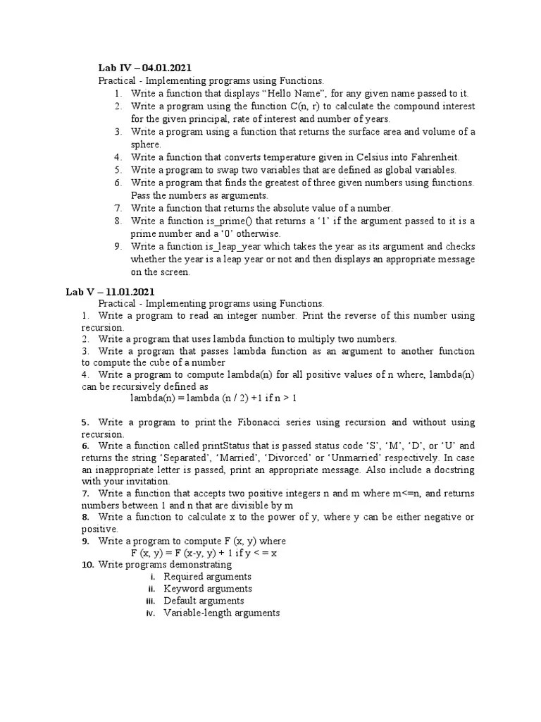 Functions Lab: A Collection Of Programming Exercises Utilizing ...