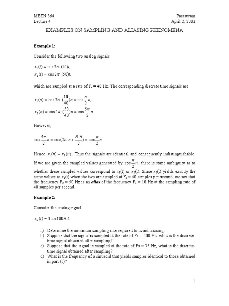 Examples On Sampling And Aliasing Phenomena: Example 1 | PDF | Sampling ...