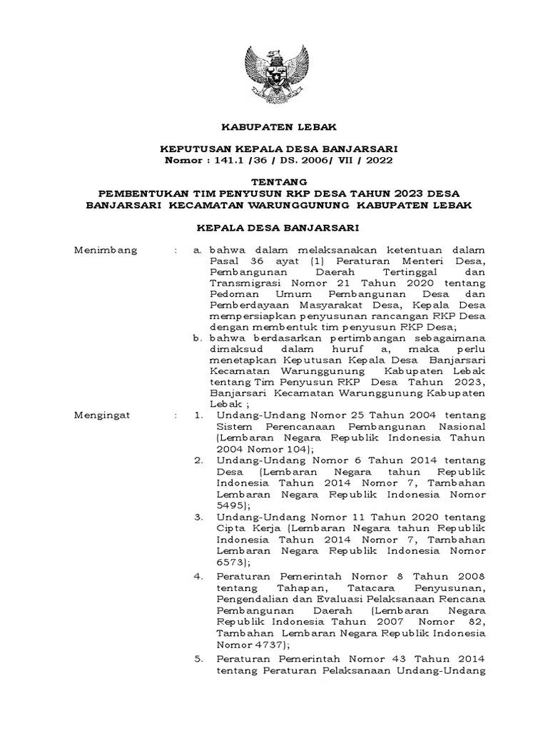 02 Format Keputusan Kepala Desa Tentang Tim Penyusun RKP Desa | PDF