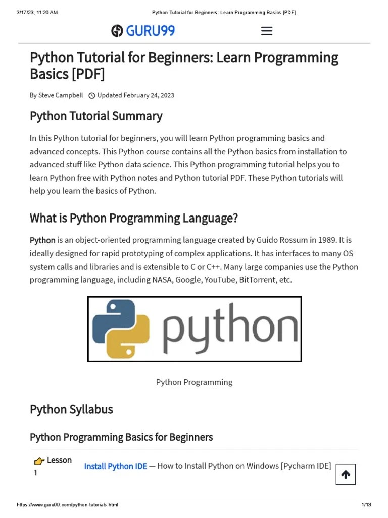 Python Tutorial For Beginners - Learn Programming Basics (PDF) | PDF ...