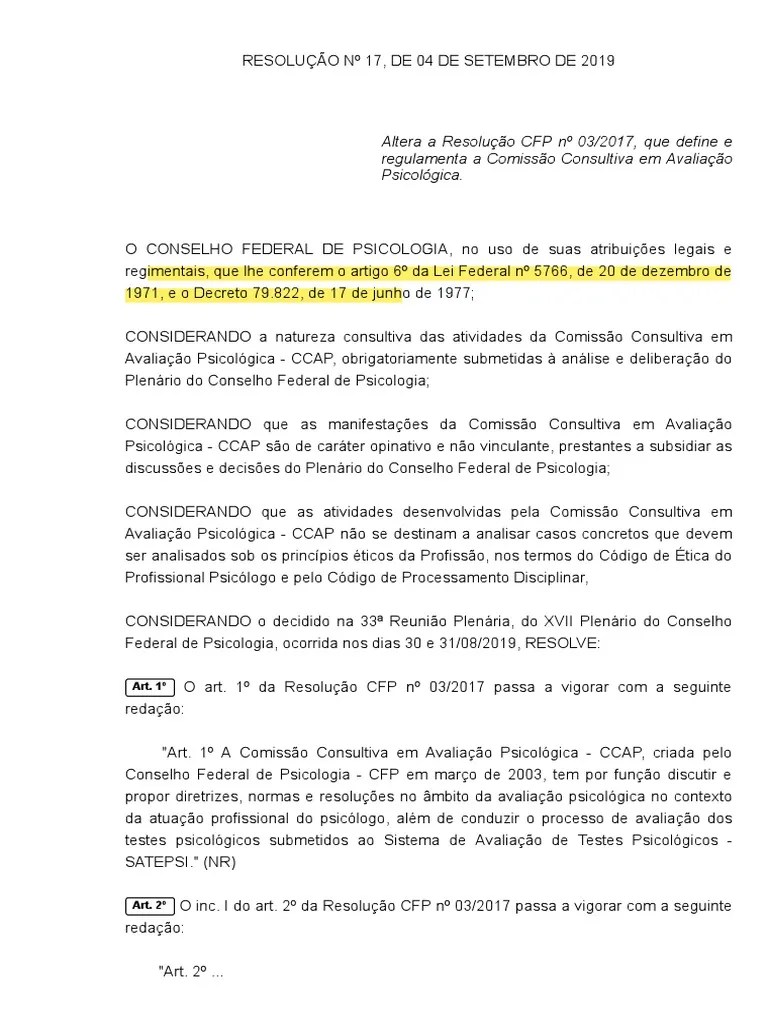 Resolução Do Exercício Profissional 17 2019 Do Conselho Federal De ...
