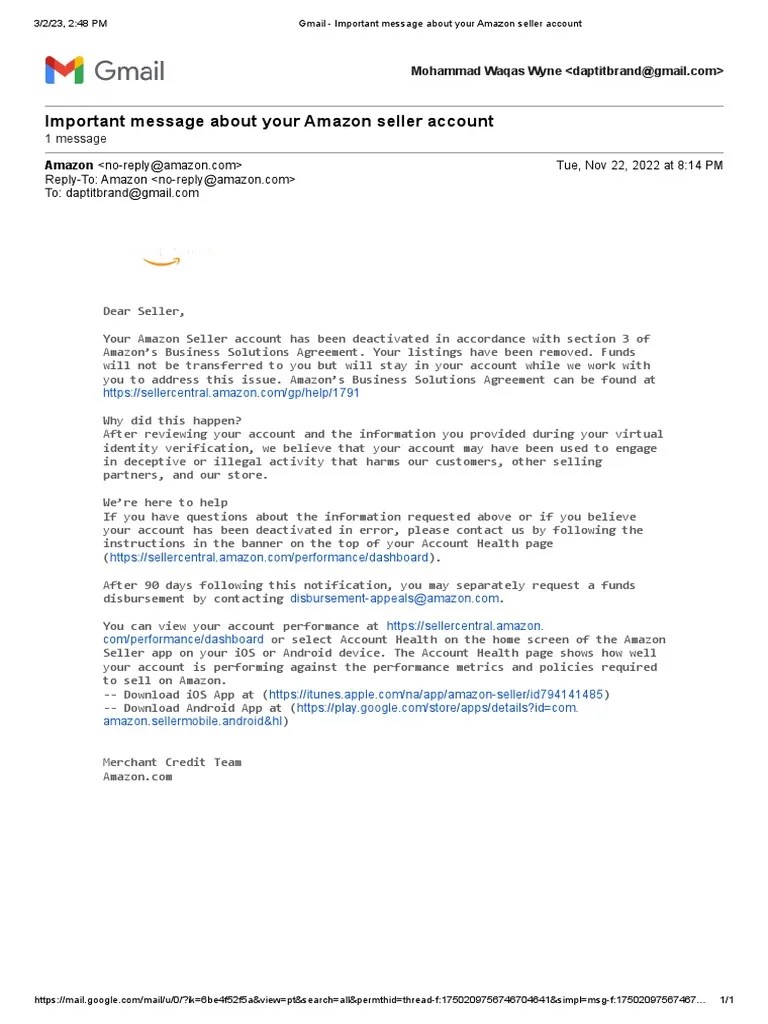 Urgent notice regarding deactivation of amazon seller account due to suspected deceptive or
