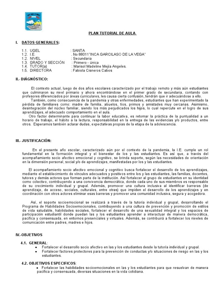 Plan Tutorial De Aula - 1 | PDF | Aprendizaje | Evaluación