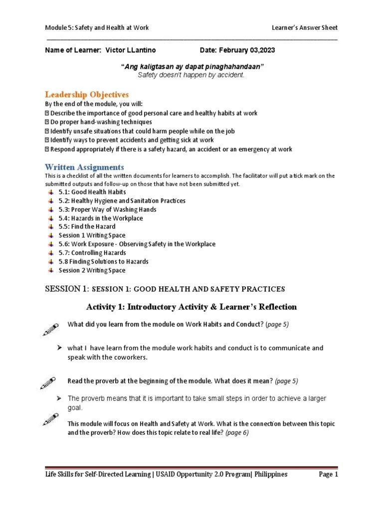 4 Answer Sheet For Module 4 | PDF | Learning | Occupational Safety And Health