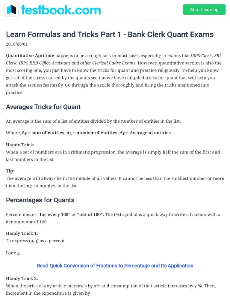 Formulas And Tricks For Quant Of Bank Clerk Exams Part 1 | PDF