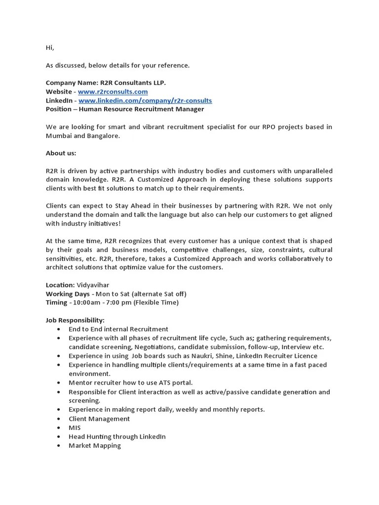 Hr Recruiter Jd Pdf