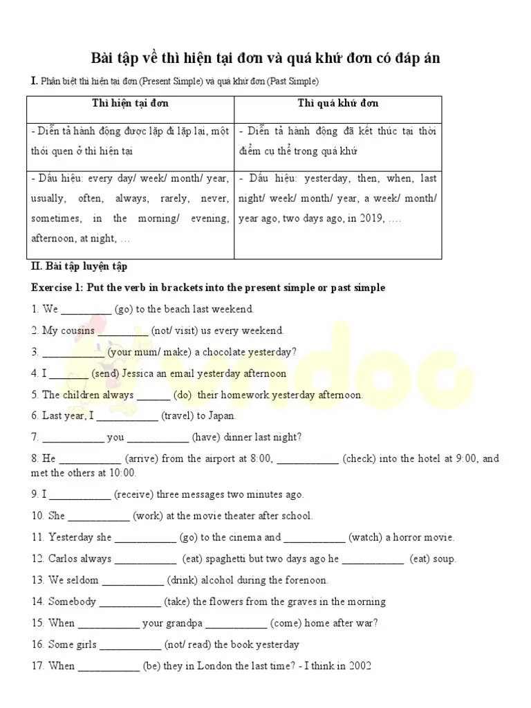 Bai Tap Ve Thi Hien Tai Don Va Qua Khu Don Co Dap An | PDF