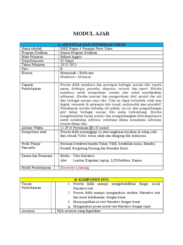 Modul Ajar Narrative Text | PDF