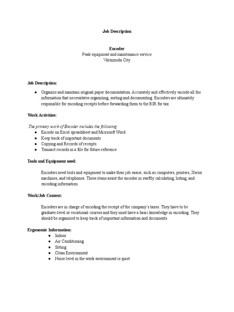 Encoder Job Description | PDF | Microsoft Excel | Information