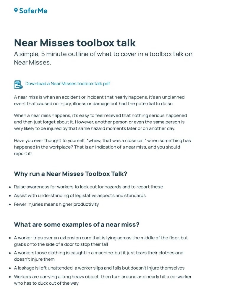 Near Misses | PDF | Occupational Safety And Health | Safety