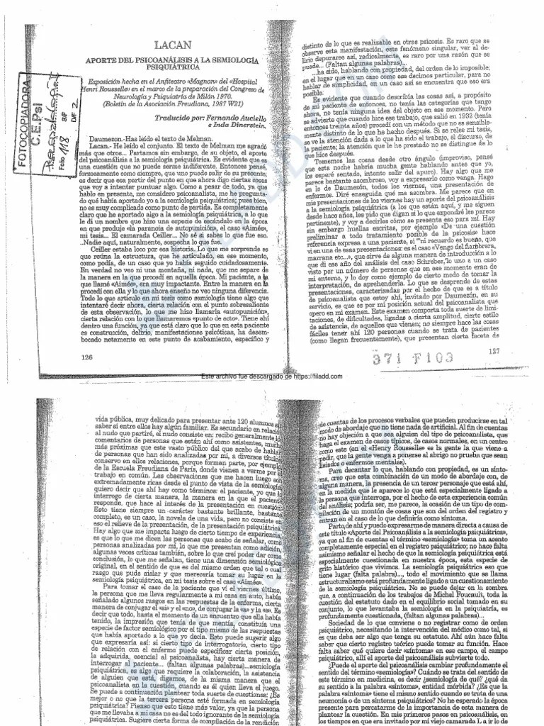 118 LACAN 1970 Aporte Del Psicoanalisis A La Semiologia Psiquiatrica | PDF