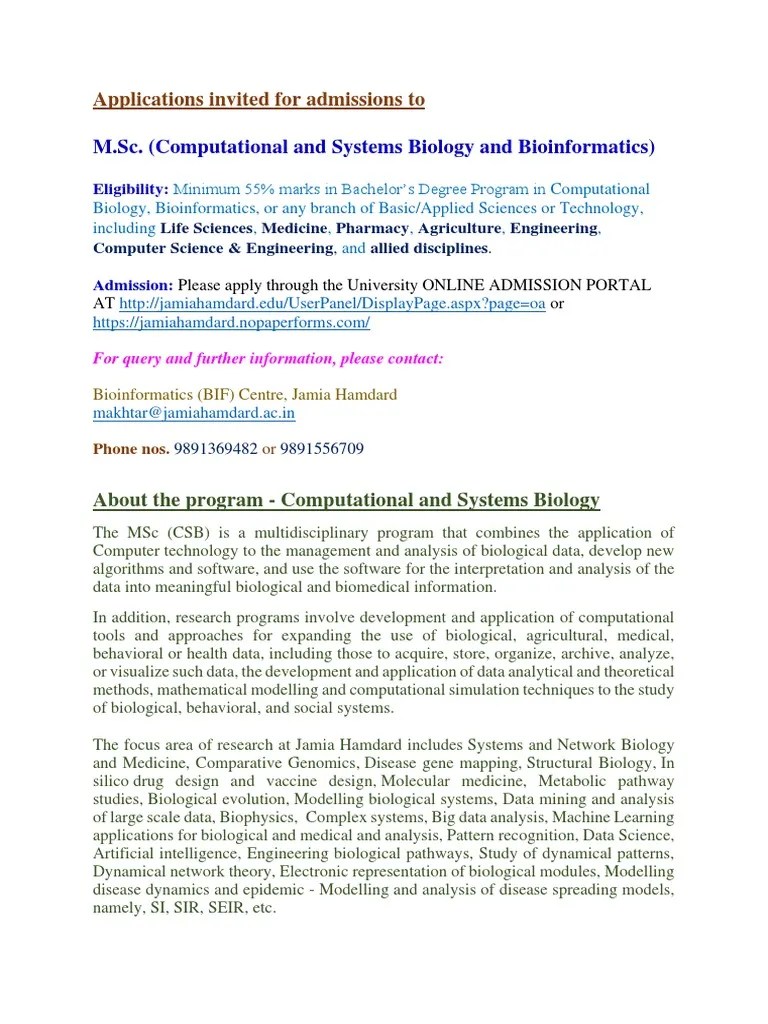 MSC (Comp Bio) - Sept 23 2021 | PDF | Computational Biology | Bioinformatics