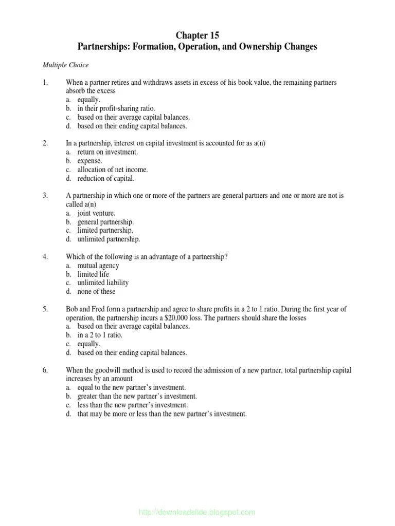 Partnerships: Formation, Operation, And Ownership Changes: Multiple Choice | PDF | Partnership ...